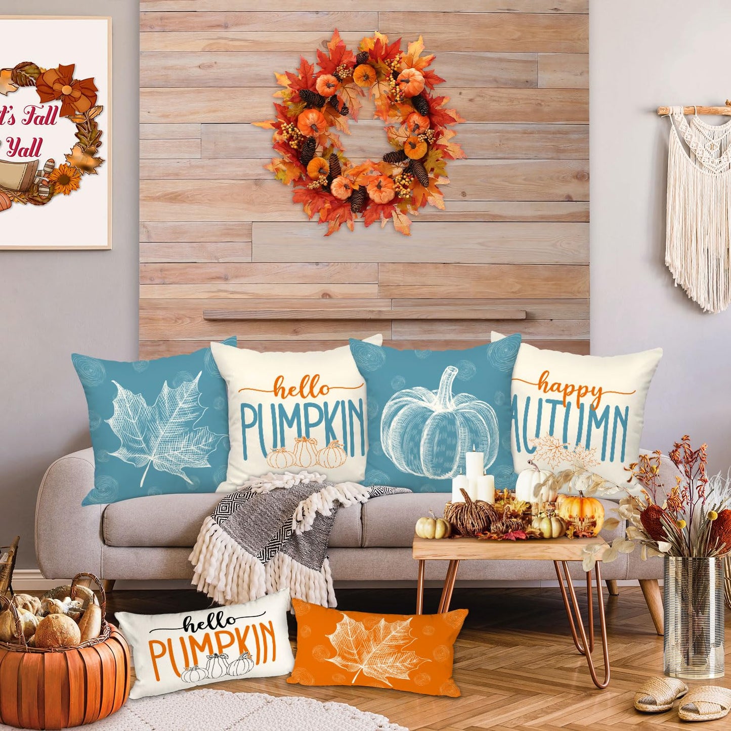 Ywlake Teal 18x18 Throw Fall Pillow Covers Set of 4, Maple Leaf Pumpkin Decorative Holiday 18 x 18 Autumn Cushion Covers Thanksgiving Pillow Case for Indoor Home Bedroom Couch Sofa Decor