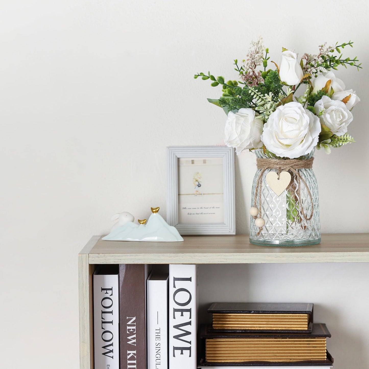 Flojery 2 Packs Faux Flowers in vase,Fake Flowers with Vase, Artificial Silk Roses in Vase, Artificial Flowers in Vase, Faux Flower Arrangement with Vase for Farmhouse (White with vase)