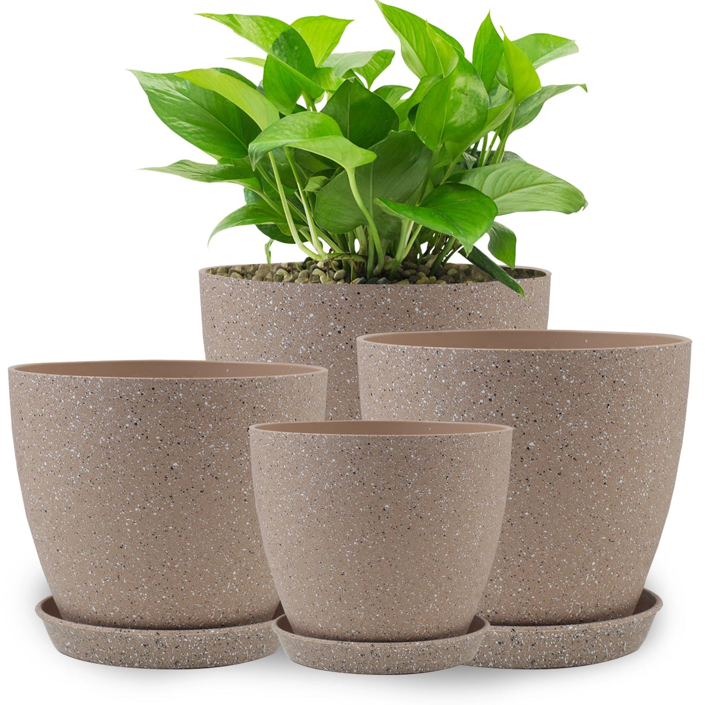 KPUVX Plant Pots- 8.5/7.5/6.5/6 Inches 4 Pack Plastic Planters,Indoor Decor Flower Pots with Drainage Holes and Tray,Home Decor Flower pots for Indoor Plants Cactus, Succulents