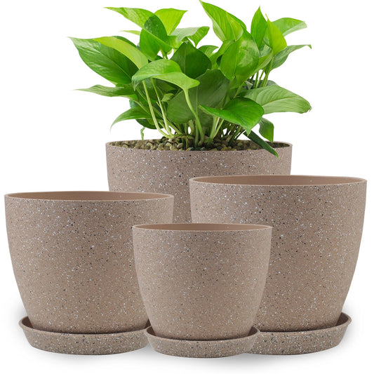 KPUVX Plant Pots- 8.5/7.5/6.5/6 Inches 4 Pack Plastic Planters,Indoor Decor Flower Pots with Drainage Holes and Tray,Home Decor Flower pots for Indoor Plants Cactus, Succulents