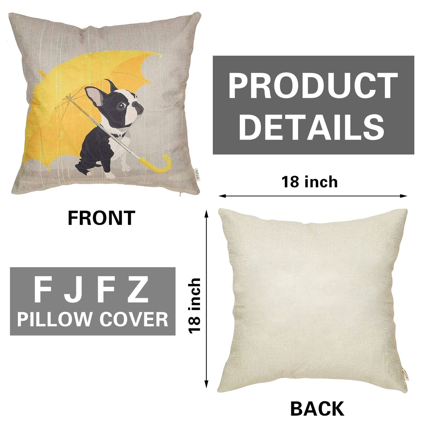 Fjfz Boston Terrier with Yellow Umbrella Dog Lover Decor Gift Cute Funny Decoration Cotton Linen Home Decorative Throw Pillow Case Cushion Cover for Sofa Couch, 18" x 18"
