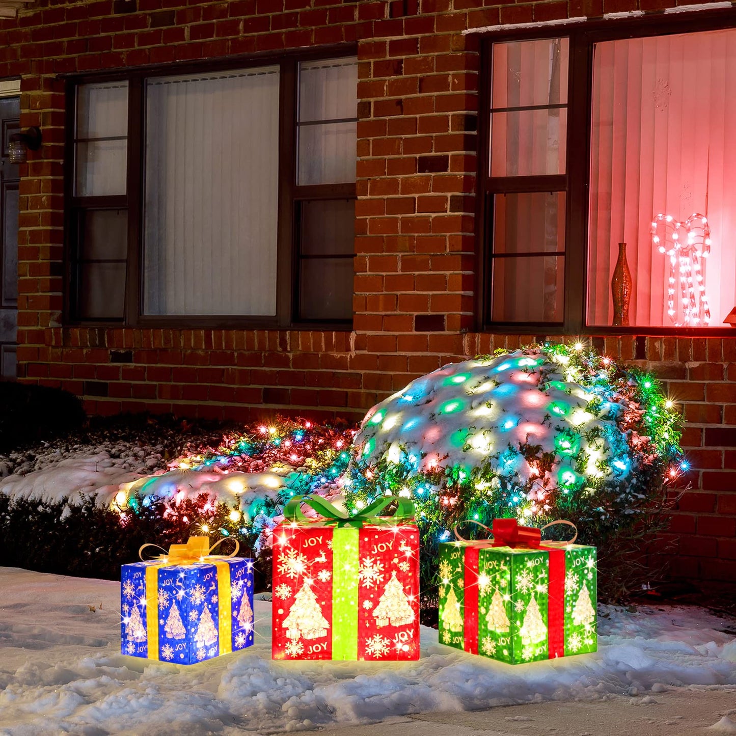 JUSTPRO [Large 8.5x7x6 Inches] 3 Piece Lighted Gift Boxes Christmas Decorations with 70 Super-Bright LED Warm White Lights with Flashers,for Indoor and Outdoor Holiday Party Christmas