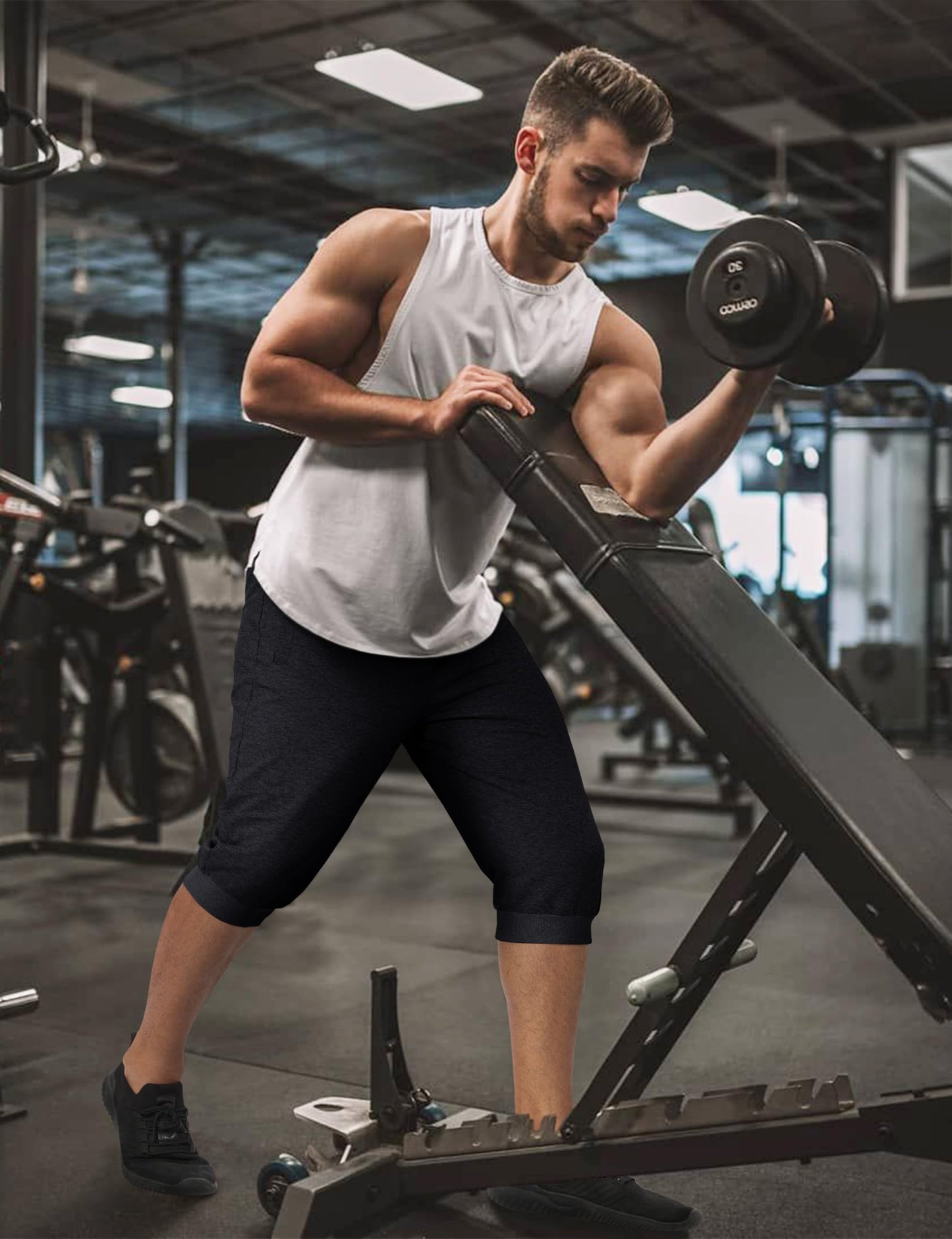 EKLENTSON Men's 3/4 Jogger Pants Gym Shorts Zipper Pocket Sport Fitness Sweatpants Running Shorts for Men Black 38