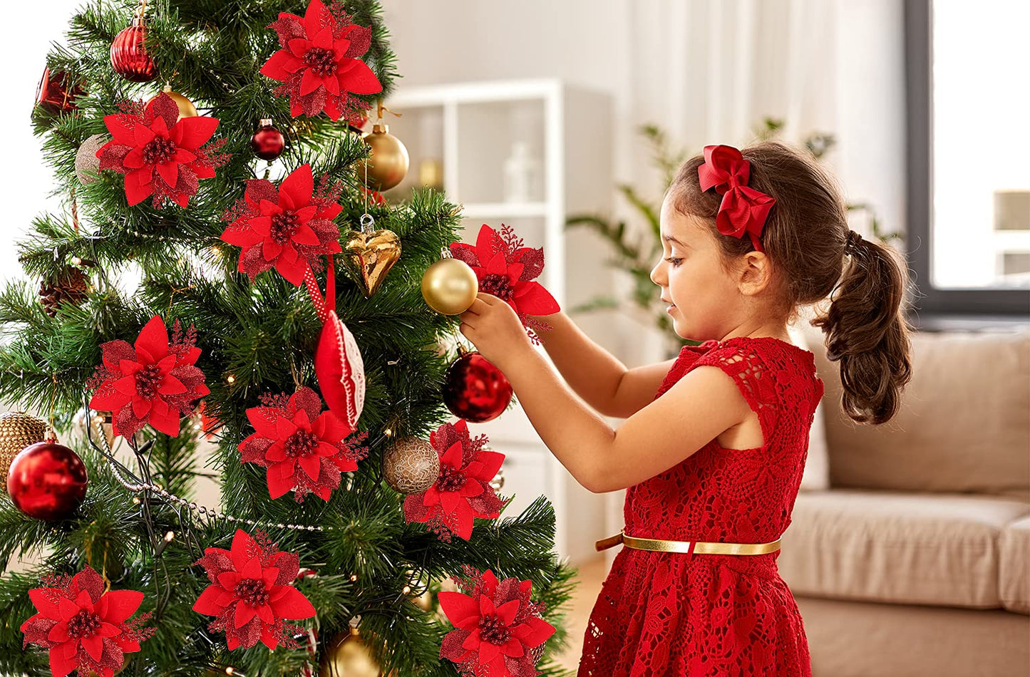 RECUTMS 10 PCS Red Glitter Poinsettia Flowers Christmas Tree Ornaments Fake Christmas Flowers Artificial Christmas Flowers Decorations Wedding Xmas Tree New Year Ornaments Wreath Decoration(Red)