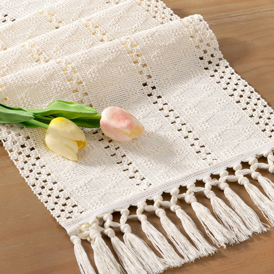 Socomi Boho Table Runner Summer Farmhouse Rustic Dining Kitchen Centerpiece Decor Small Macrame Woven Cotton Linen Coffee Table Runner for Dresser Scarf Home Decor 12x48 inch