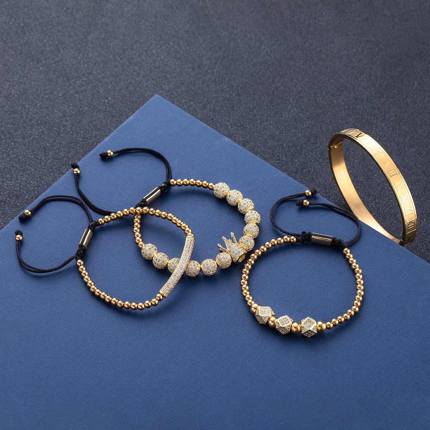 MAGIC FISH Imperial Crown King Mens Bracelet Pave CZ ，Gold Bracelets for Men Luxury Charm Fashion Cuff Bangle Crown Birthday Jewelry (3-gold-X)