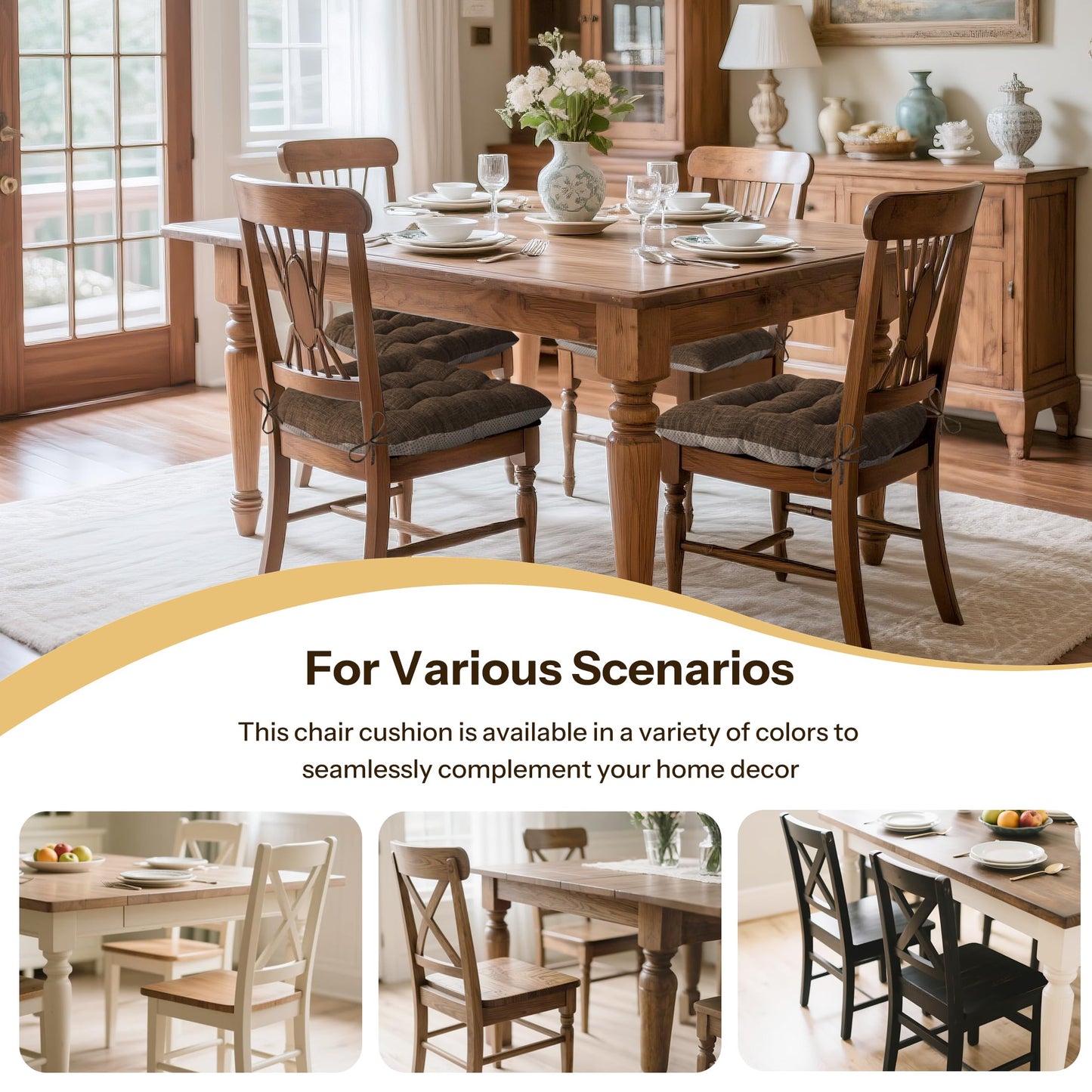 FlyGulls Non Slip Chair Cushions for Dining Chairs Set of 4 Kitchen Chair Cushions 18"x18"x3" Turfted Chair Pads Comfortable and Soft Seat Cushion with Ties, Coffee