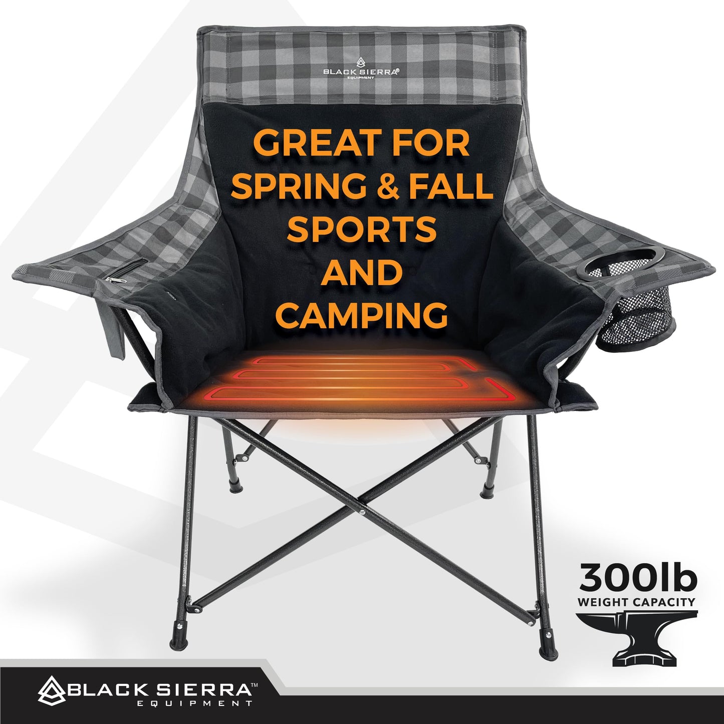 Black Sierra Heated Camping Chair with Battery – XL Fleece Foldable Seat, 3 Heat Settings, Heavy-Duty Steel Frame Supports 300 lbs – Portable, Lightweight for Camping, Sports, Patio, Events