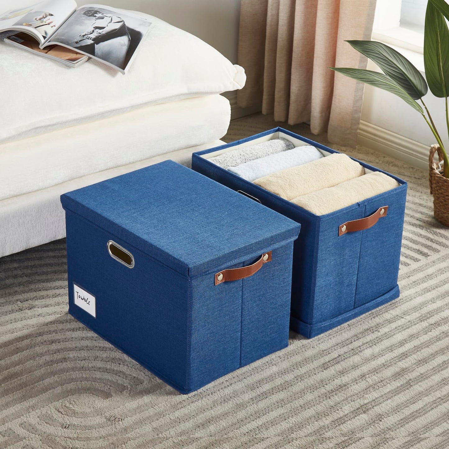 Roobyl 17" Large Collapsible Storage Bins with Lids, Stackable Closet Organizers with PU Handle and Labels, 3-Pack Decorative Fabric Storage Boxes for Home, Bedroom, Closet, Office, Nursery(Navy)
