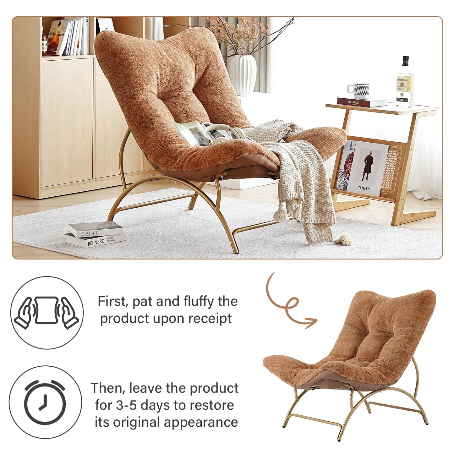 Tiita Accent Lazy Chair, Comfy Lounge Chair with Metal Frame and Plush Fabric, Spacious Seat Cozy Recliner Chair for Reading Room, Living Room, Bedroom, Office, Brown