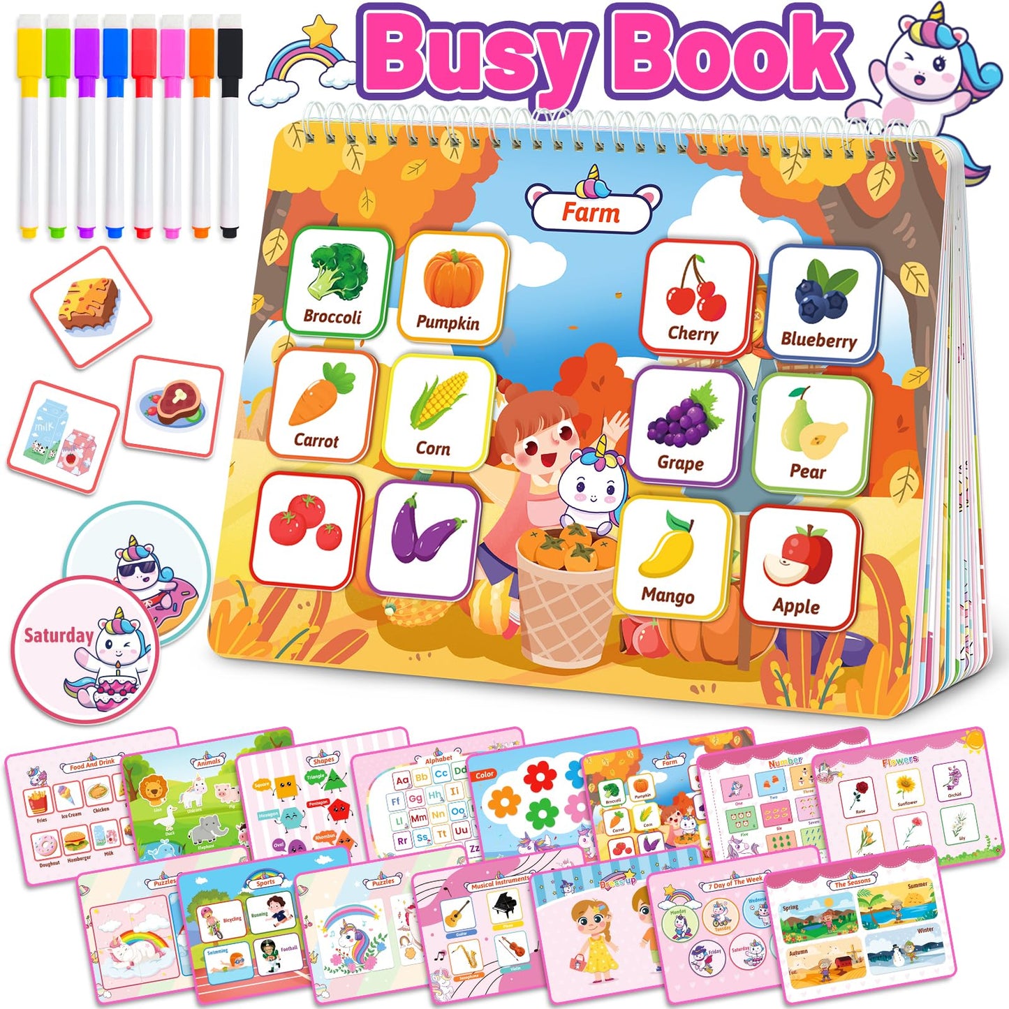 Unicorn Busy Book for Toddlers 3-5, Preschool Toddler Learning Activities Book, Educational Montessori Toys for 3 4 5 Year Old Girl Gifts, Busy Board Sticker Book for Toddler Travel Toys Workbook