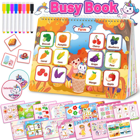 Unicorn Busy Book for Toddlers 3-5, Preschool Toddler Learning Activities Book, Educational Montessori Toys for 3 4 5 Year Old Girl Gifts, Busy Board Sticker Book for Toddler Travel Toys Workbook