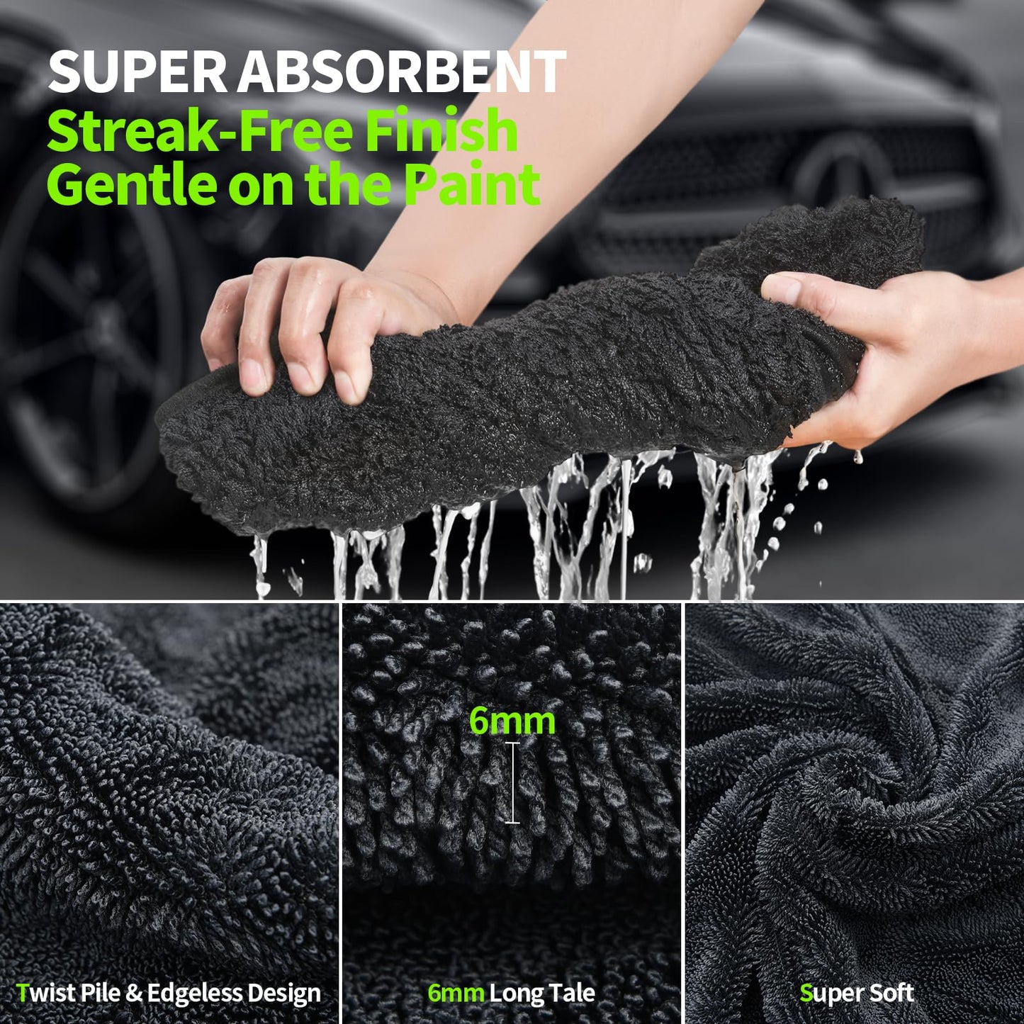 Wontolf 3-Pack Car Drying Towel with Storage Bag, Drying Towels Car Detailing, Ultra Absorbent Microfiber Towels for Cars and Trucks (2 * 35" x 24", 1 * 11.8''x11.8''), Streak Free, No Water Spots