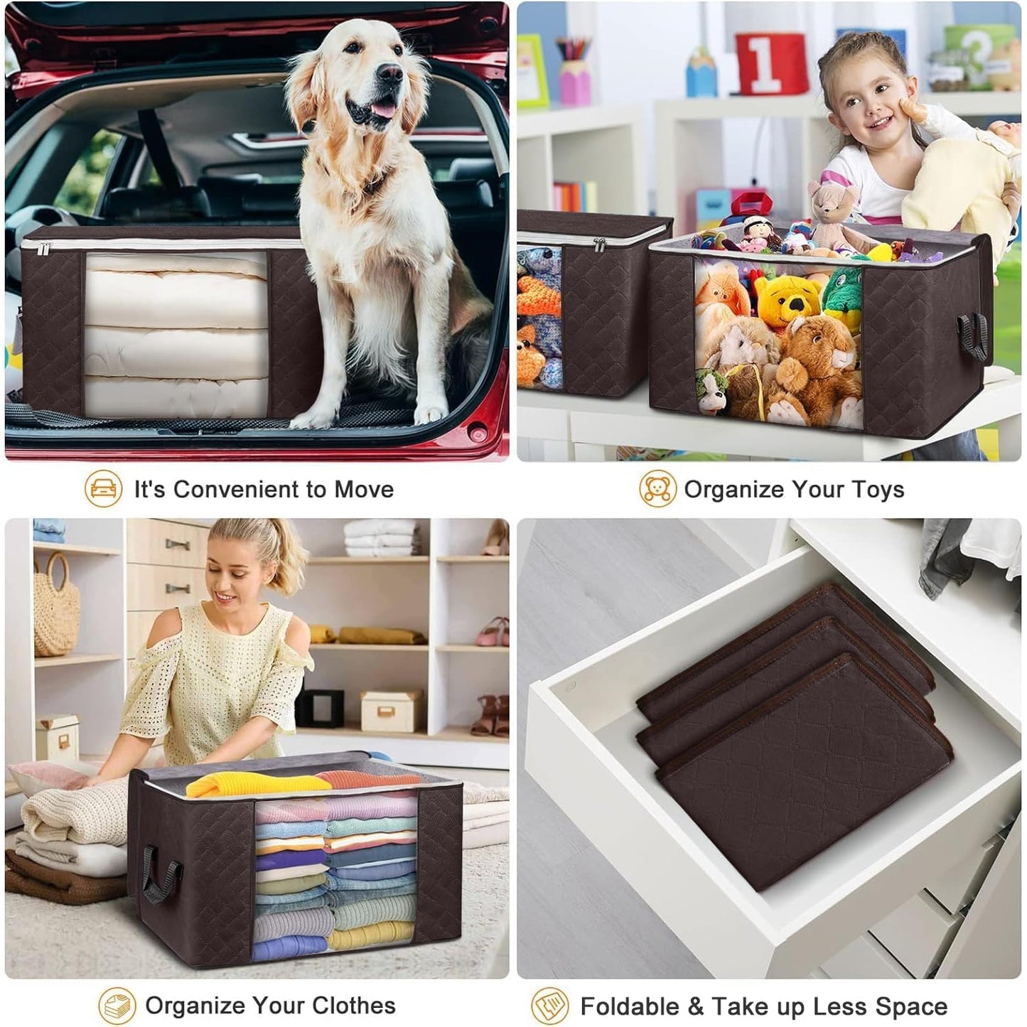 Budding Joy Clothes Storage, Foldable Large Storage Bags, Storage and Organization for Clothing, Blanket, Comforter, Clothes, Pillows, Closet Organizers with Enhanced Handle, 60L 6 Pack Brown