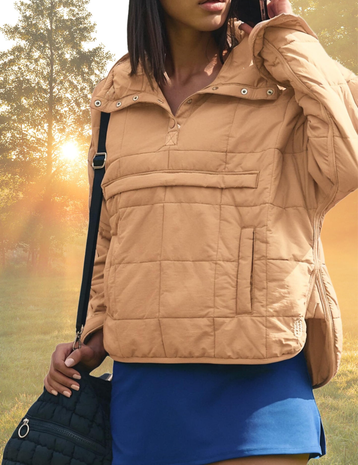 AICHARMWA Women's Pullover Puffer Jacket Hooded Oversized Lightweight Quilted Jacket Winter Warm Padded Coat(028-LightBrown-S)