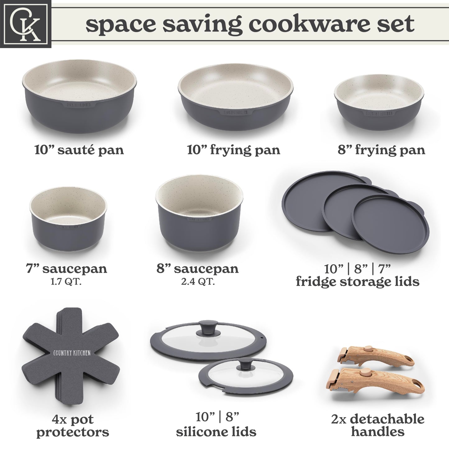 Country Kitchen Cookware Set with Removable Handle, Oven & RV Safe Pots and Pans Set, Grey/Ivory Wood Handle, Original