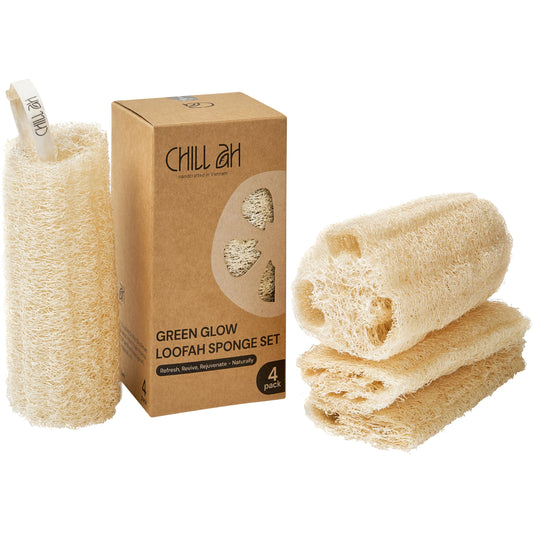 Chill Ah Natural Loofah Sponge Set – 100% Plant-Based, Dye-Free, Biodegradable Bath Exfoliator for Glowing Skin – Handcrafted in Vietnam (4-Pack)