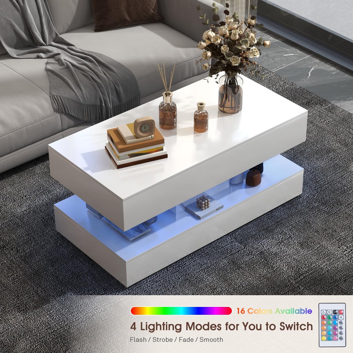 OC Orange-Casual LED Coffee Table with Storage, High Glossy Center Table with 2 Sliding Drawers, Modern Stylish Rectangle Coffee Table Double Layer with Open Display Shelf for Living Room (White)