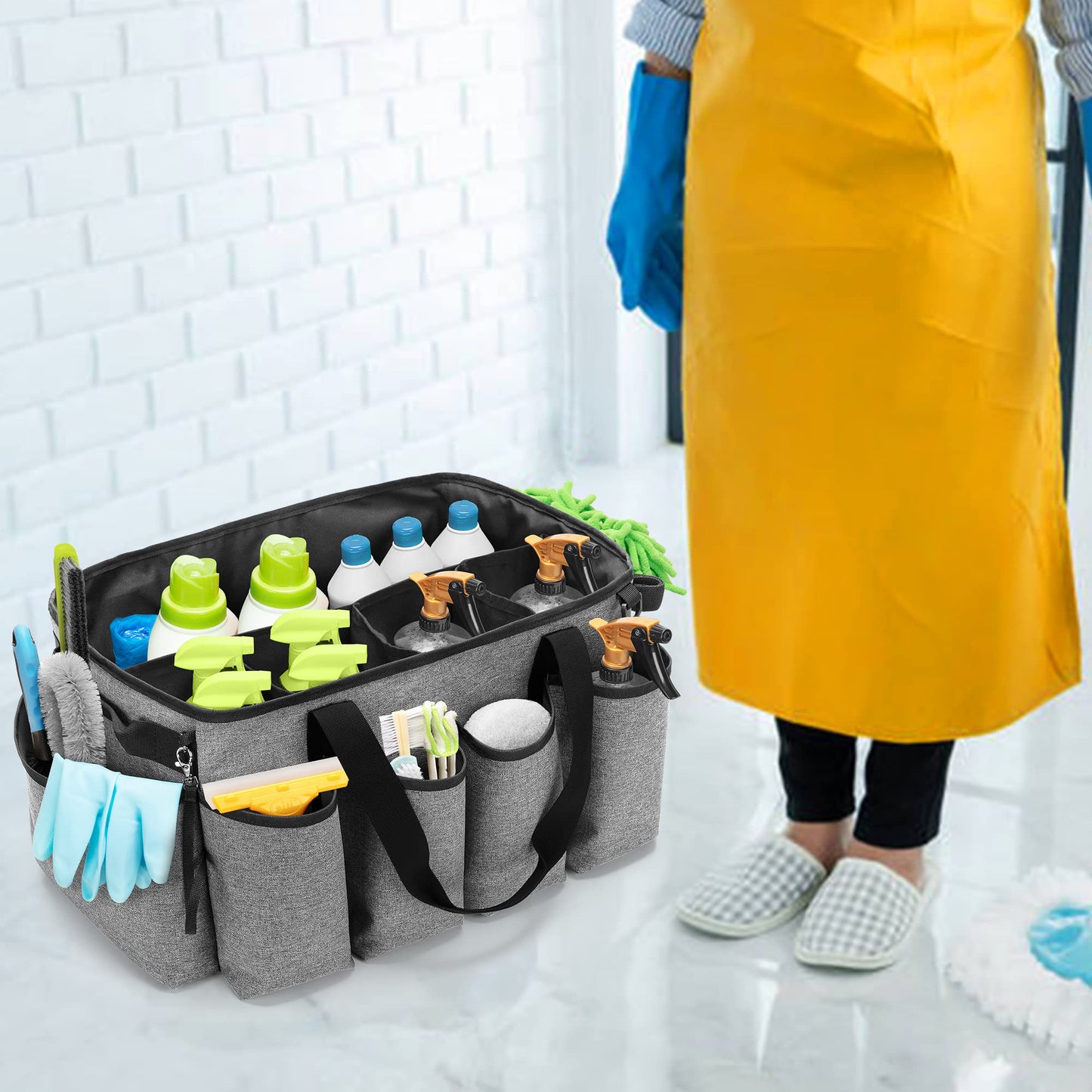 HODRANT Extra-Large Cleaning Caddy, Cleaning Supplies Organizer with Handles for Cleaning Products Storage, Large Capacity Cleaning Tote Bag for Cleaning Tools for Car, Home & Housekeeping Work, Gray