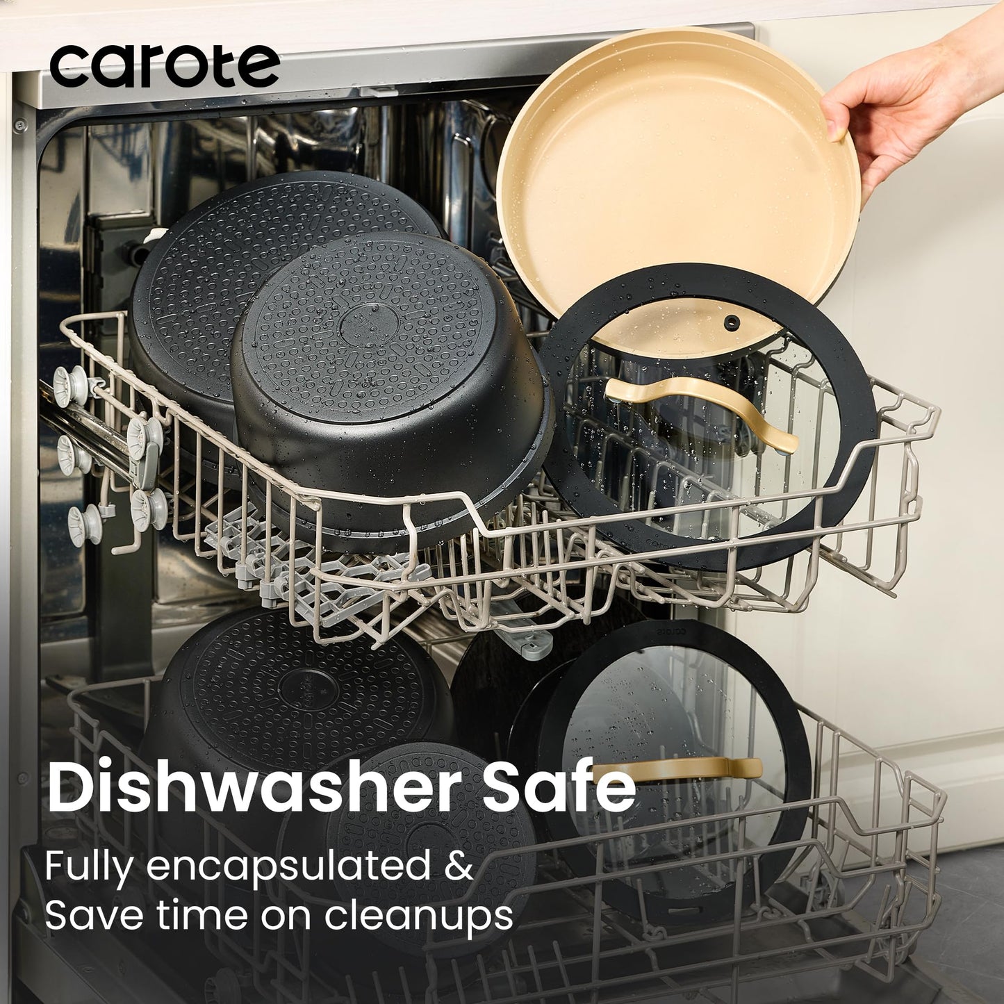 CAROTE 26pcs Pots and Pans Set Non Stick with Knives and Cutting Board,Detachable Handle Titanium Nonstick Cookware Set, Pot and Pan, Dishwasher/Oven Safe, RV/Camping, Induction Kitchen, Black/Yellow