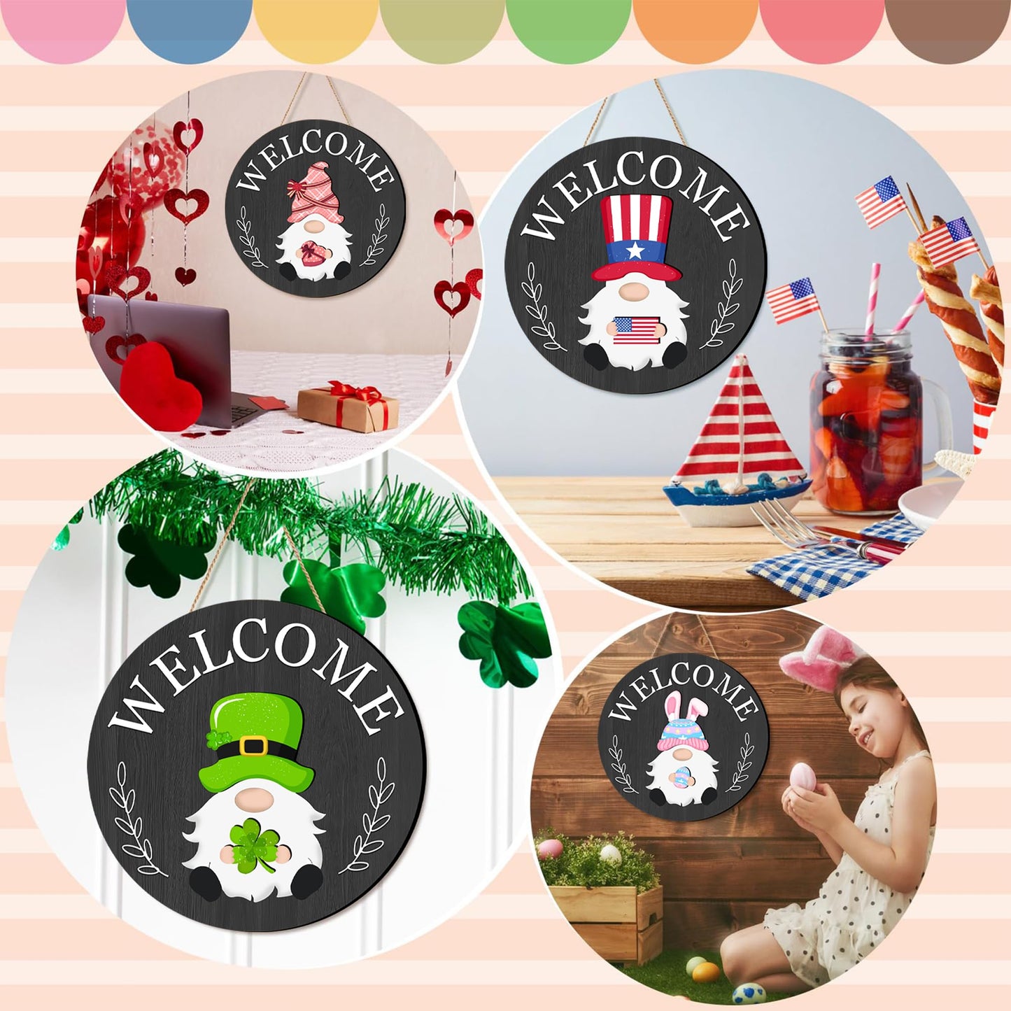 Veluckin Seasonal Gnome Wall Decor Set, 11.8 inch Wooden Round Sign with Interchangeable Holiday Hats, Welcome Door Hanging (Black grey-3)