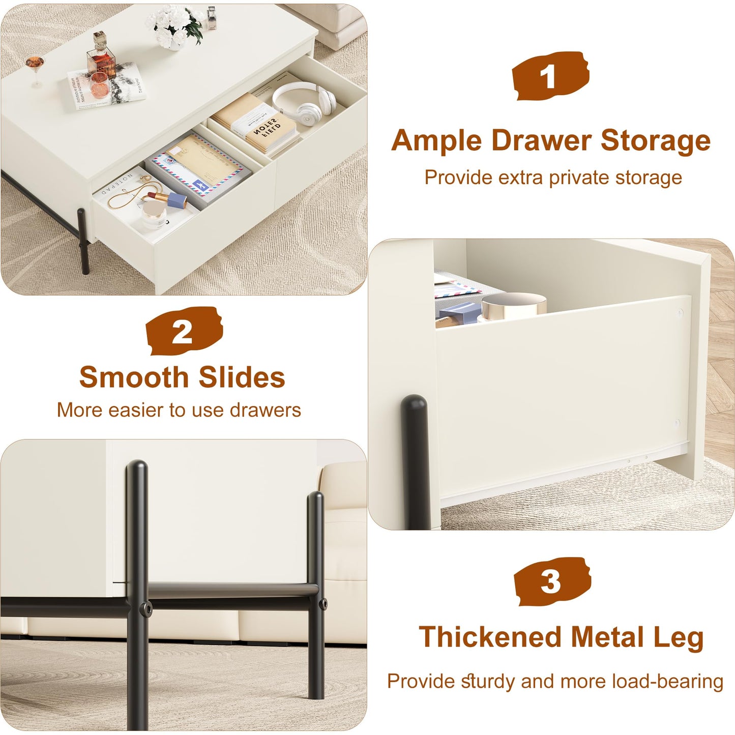 CABIHOME White Coffee Table with Drawers, Center Table Rectangle Coffee Table with Back Open Shelf, Center Table with Thickened Metal Leg Easy Assemble