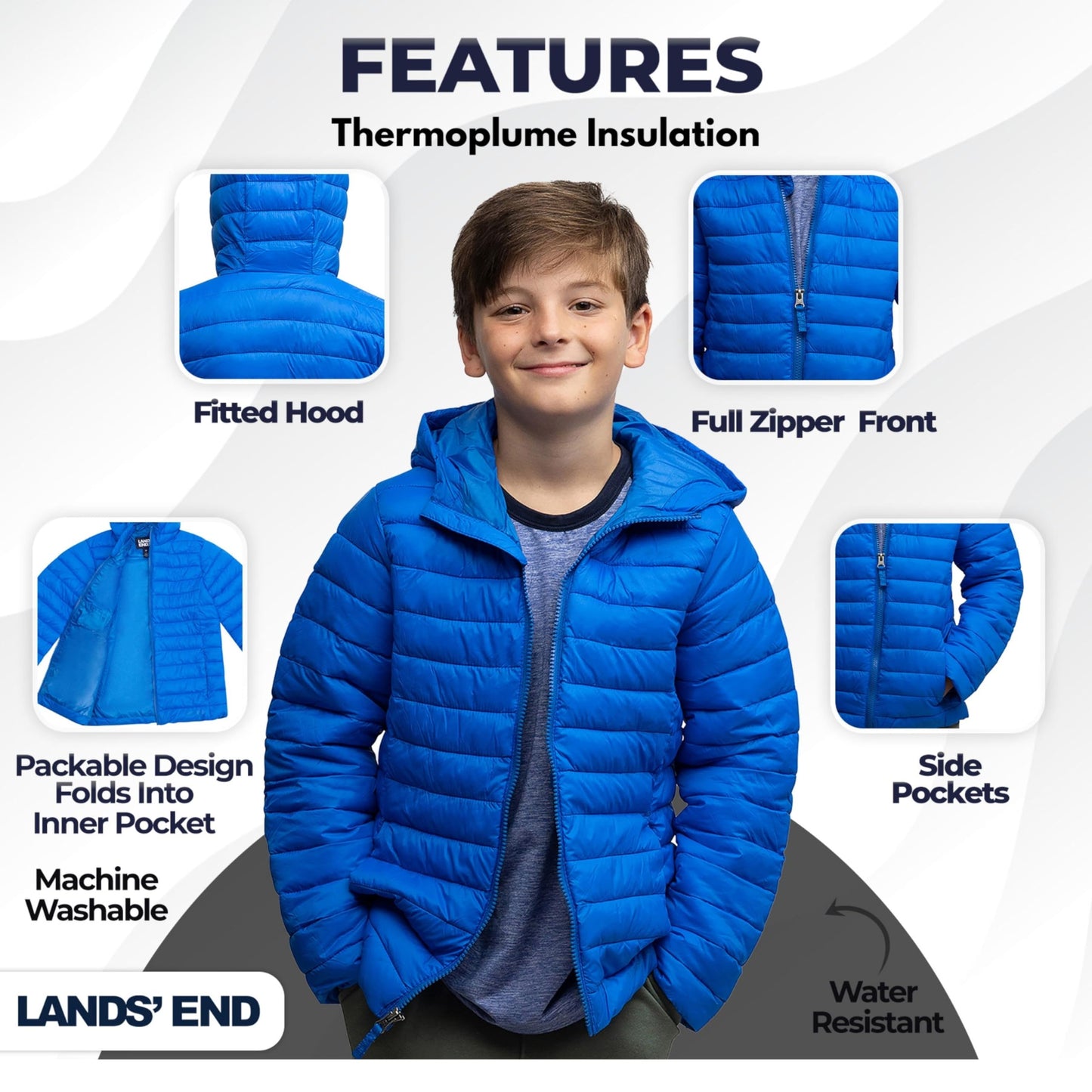 Lands' End Kids Packable Hooded Down Puffer Jacket Coat, Nautical Blue, XX-Small