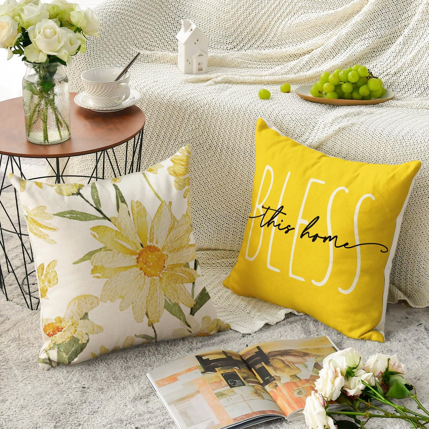 AVOIN colorlife Home Sweet Home Spring Summer Flowers Yellow Throw Pillow Covers, 18 x 18 Inch Cushion Case for Sofa Couch Set of 4
