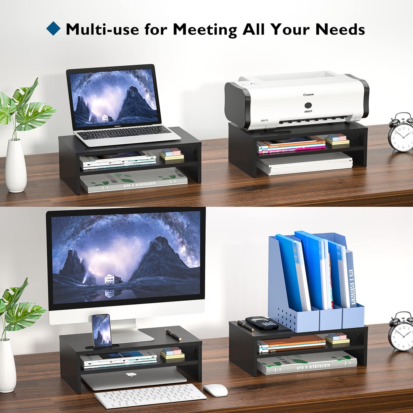 BONTEC Wooden Monitor Stand Riser, 2-Tier Desk Shelf with Storage Organizer, Ergonomic Computer Stand with Cable Management, Cellphone Holder, Black, 16.5 Inch