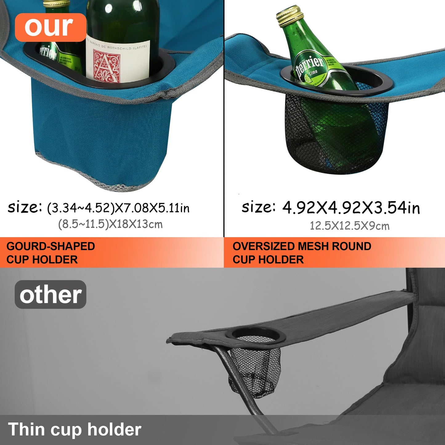 LANMOUNTAIN Oversized Folding Camping Chair,Heavy Duty Padded Portable Lawn Chair w/Extra Large Cup Holder,Side Pocket for Adults Outdoor Sports Hiking Beach Garden Picnic,Blue