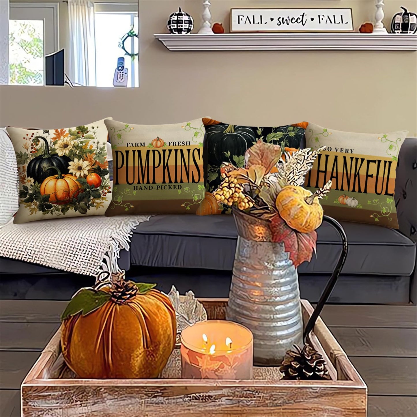 NIGHTWISH Fall Pillow Covers 18x18 Set of 4 Thanksgiving Farmhouse Decorations Dark Green Orange Pumpkin Outdoor Fall Decor Throw Pillow Covers Striped Vines Harvest Autumn Cushion Case for Sofa Couch