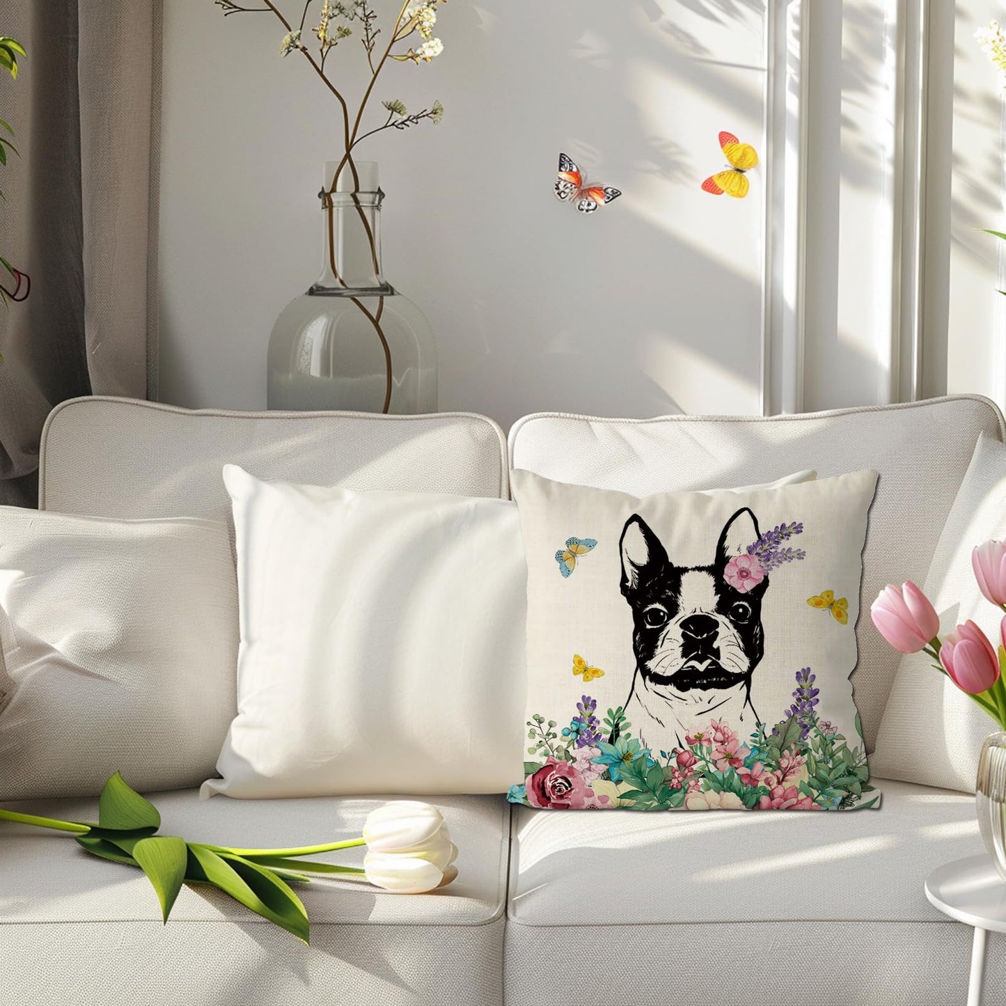 QIONG MENG Spring Pillow Covers 18x18 Inch Boston Terrier Flower Throw Pillow Case Spring Dog Cushion Case for Home Sofa Living Room Farmhouse Decorations