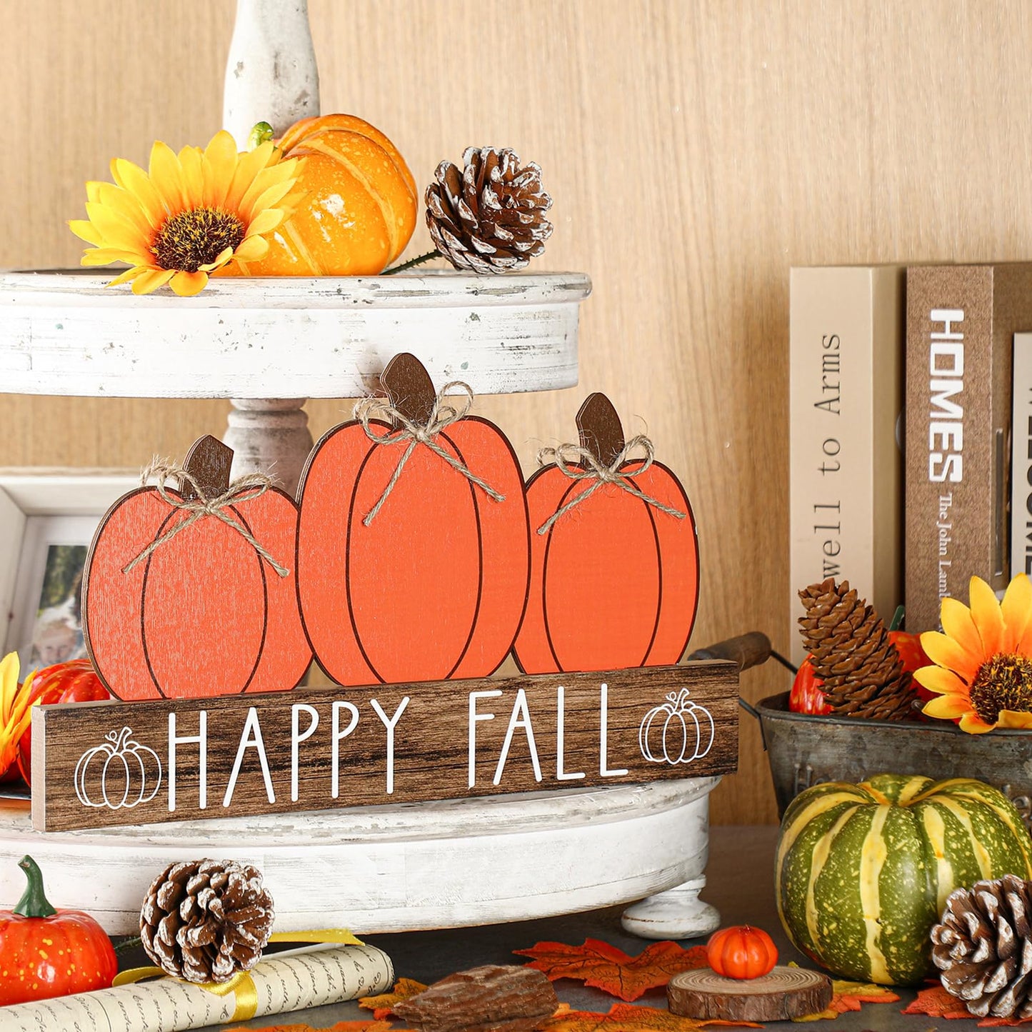 Purpeak Fall Wooden Table Sign Double Side Halloween and Thanksgiving Tabletop Pumpkin Sign Happy Fall Wood Block Tiered Tray Decor for Home Shelf Party Decor