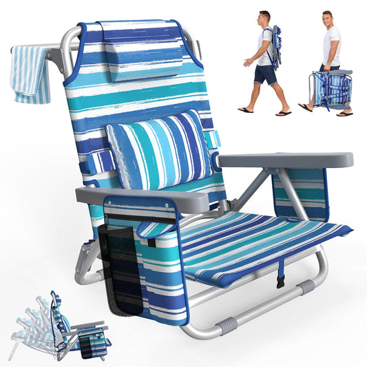 Suteck Beach Chair, Adjustable 5-Position Backpack Beach Chairs for Adults Kids, Foldable Lay Flat Chair with Cooler Bag, Cup Holder and Lumbar Pillow, Reclining Lay Down Chairs for Lawn Outdoor