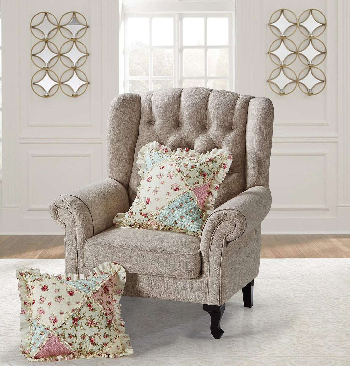 Brilliant Sunshine Roses Ruffle Pillowshams, Quilted Patchwork Decorative Pillow Covers Set, Washable Square Throw Cushion Cases for Couch, Recliner, Armchair, Bed, 18x18, Pack of 2, Pink Green