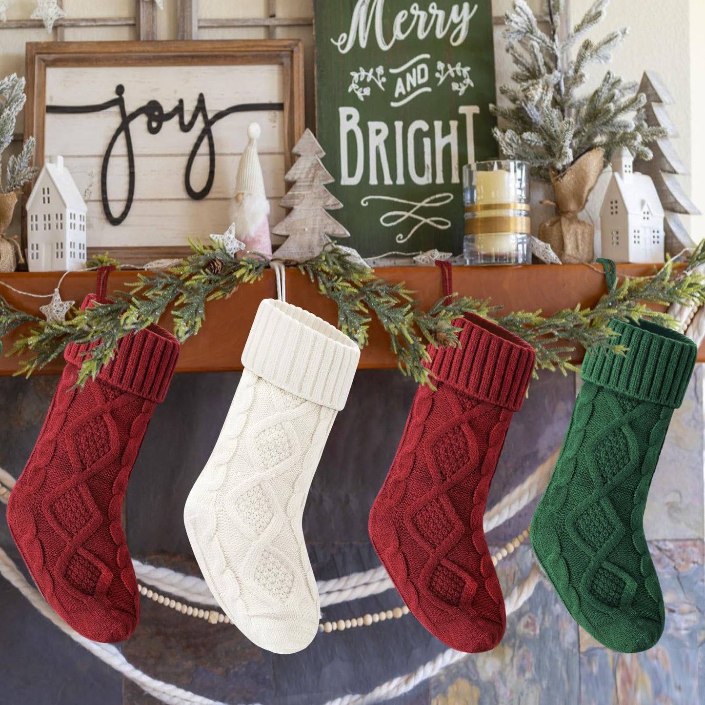 VIBILIA Christmas Stockings 6 Pack, 18 Inches Large Size Knitted Xmas Stocking for Fireplace, Holiday Party Decorations (Green White Red)