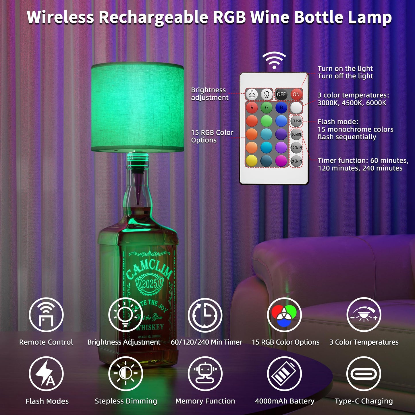 Wireless Wine Bottle Lamp Shade: Liquor Bottle Stopper Light With Remote Control Dimmable Cordless Portable Rechargeable Led Battery Operated Whiskey Bottle Lampshade For Bedside Bedroom Bar Decor