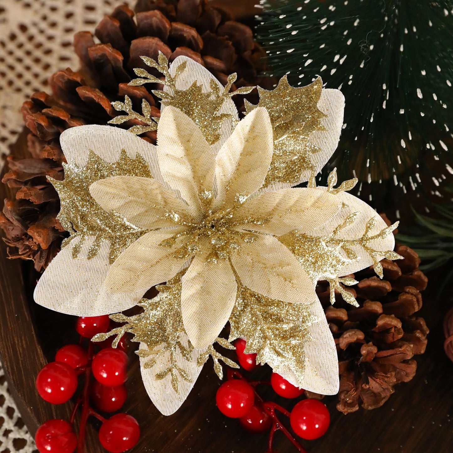 Kisflower 24PCS Poinsettia Artificial Flowers Gold Christmas Flower Decorations with Clips and Stems, Glitter Christmas Tree Ornaments for Xmas New Year Wedding Party (Gold)