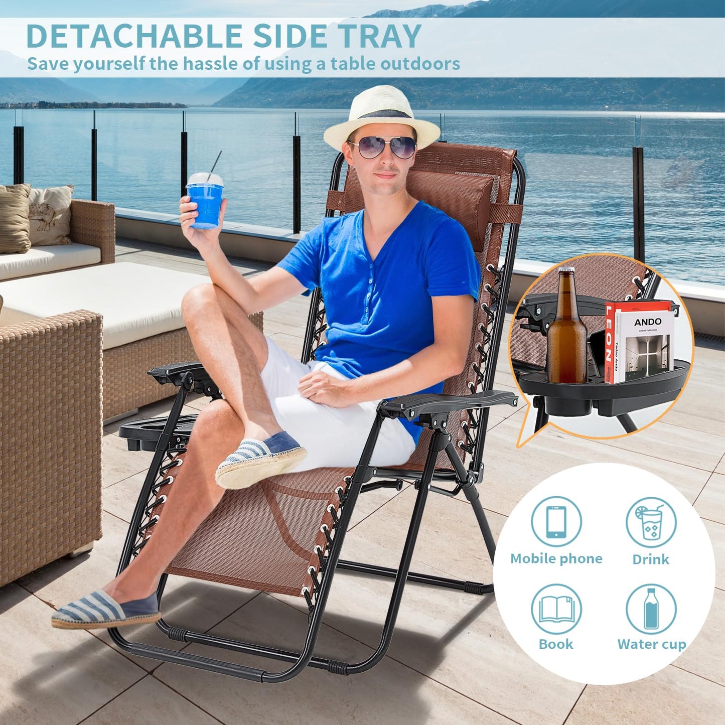 RICHRYCE Zero Gravity Chair Set of 2, 350 lbs Capacity, Reclining Folding Outdoor Chairs with Adjustable Headrest & Cup Holder, Anti - Gravity Loungers for Backyard, Patio, Lawn, Poolside (Brown)