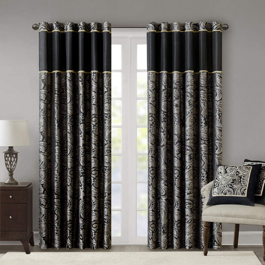 Madison Park Aubrey 2 Panel Curtain Faux Silk Paisley Jacquard, Rod Pocket Curtain For Living Room, Kitchen, Room Darkening Window Drape for Bedroom and Dorm, 2-PK 50x84", Black