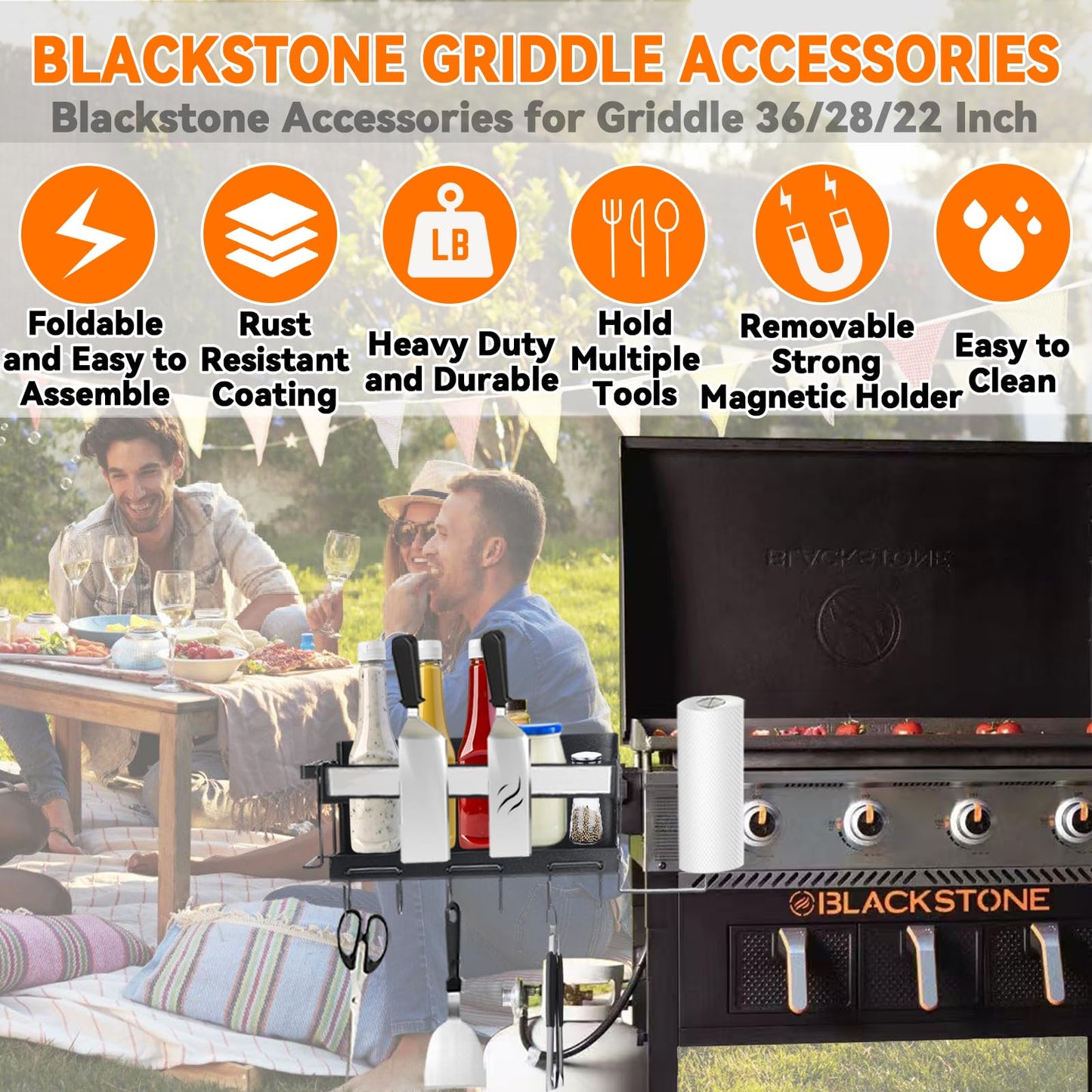 Bakbarbe Blackstone Griddle Caddy with Magnetic Tool Holder & Paper Towel Holder, Foldable Blackstone 22/28/36 Inch Griddle Accessories, Portable Space Saving Grill Caddy BBQ Accessories