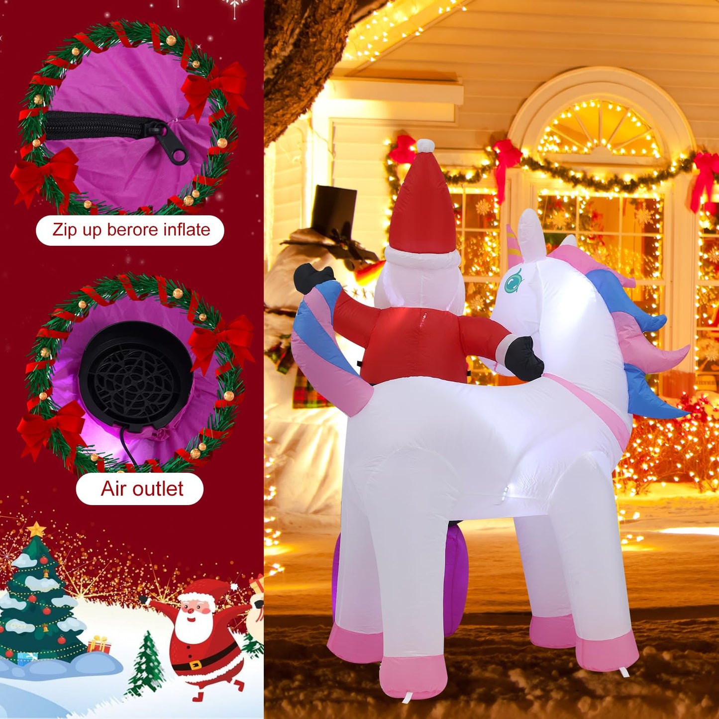 InfleasJoiy 6FT Old Man Unicorn Christmas Inflatable Decoration with LED Lights for Holiday Celebration Decorations on Yard, Lawn and Patio