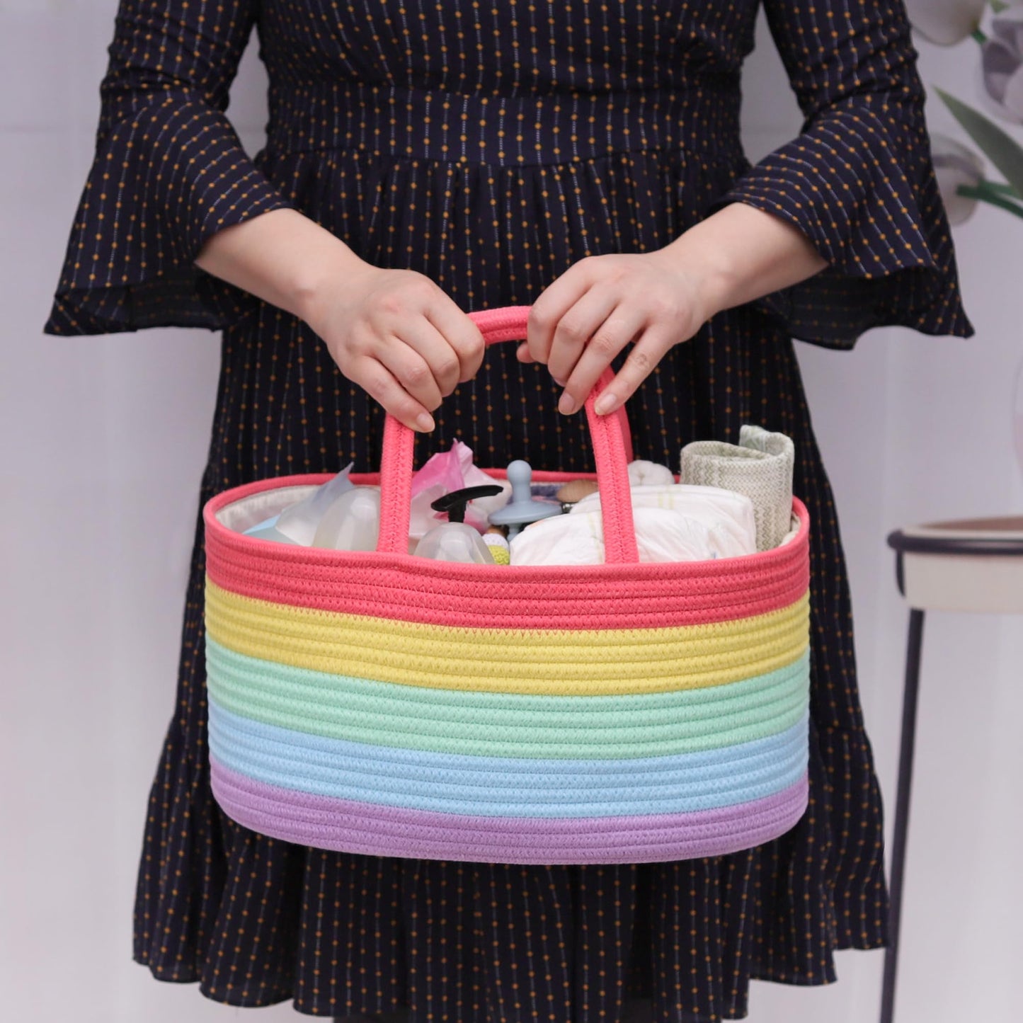 COMSE Large Baby Diaper Caddy Organizer for Girl Boy, Car Caddy with Handles, Cotton Rope Basket for Changing Table, Nursery Organizer, Gift for Baby Shower and Registry Must Have, Rainbow