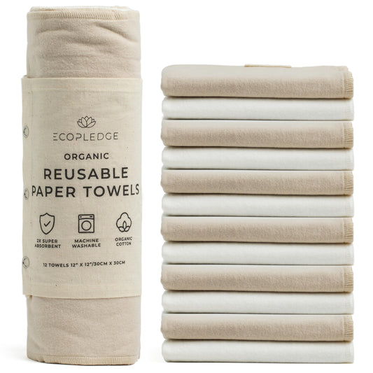 Reusable Paper Towels Washable Roll - Thick 12-pc Two Layered Ultra Absorbent Paperless Certified Organic Cotton Towels - Large Cloth Kitchen Paper Towel with Hanging Loop