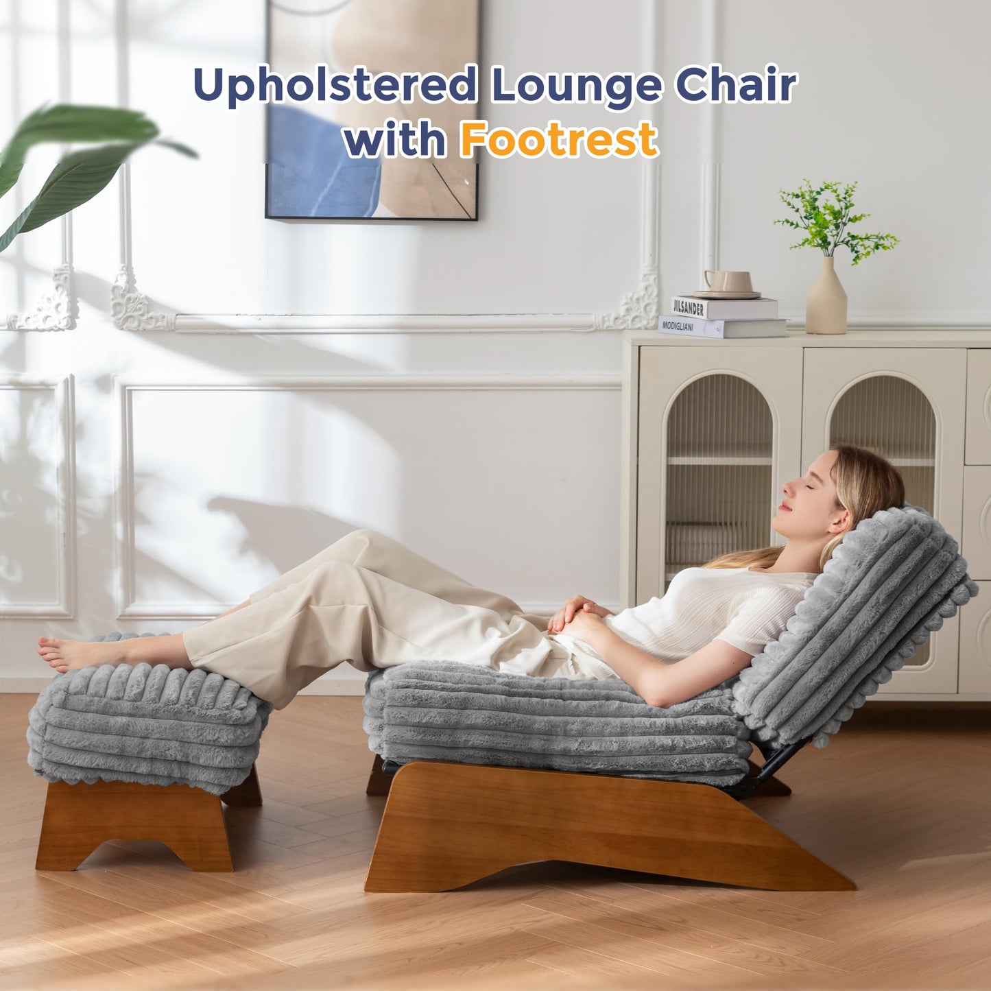 MAXYOYO Modern Adjustable Accent Chair with Ottoman, Upholstered Living Room Chair with Footrest Set, Soft Reclining Lounge for Bedroom, Apartment, Office, Grey