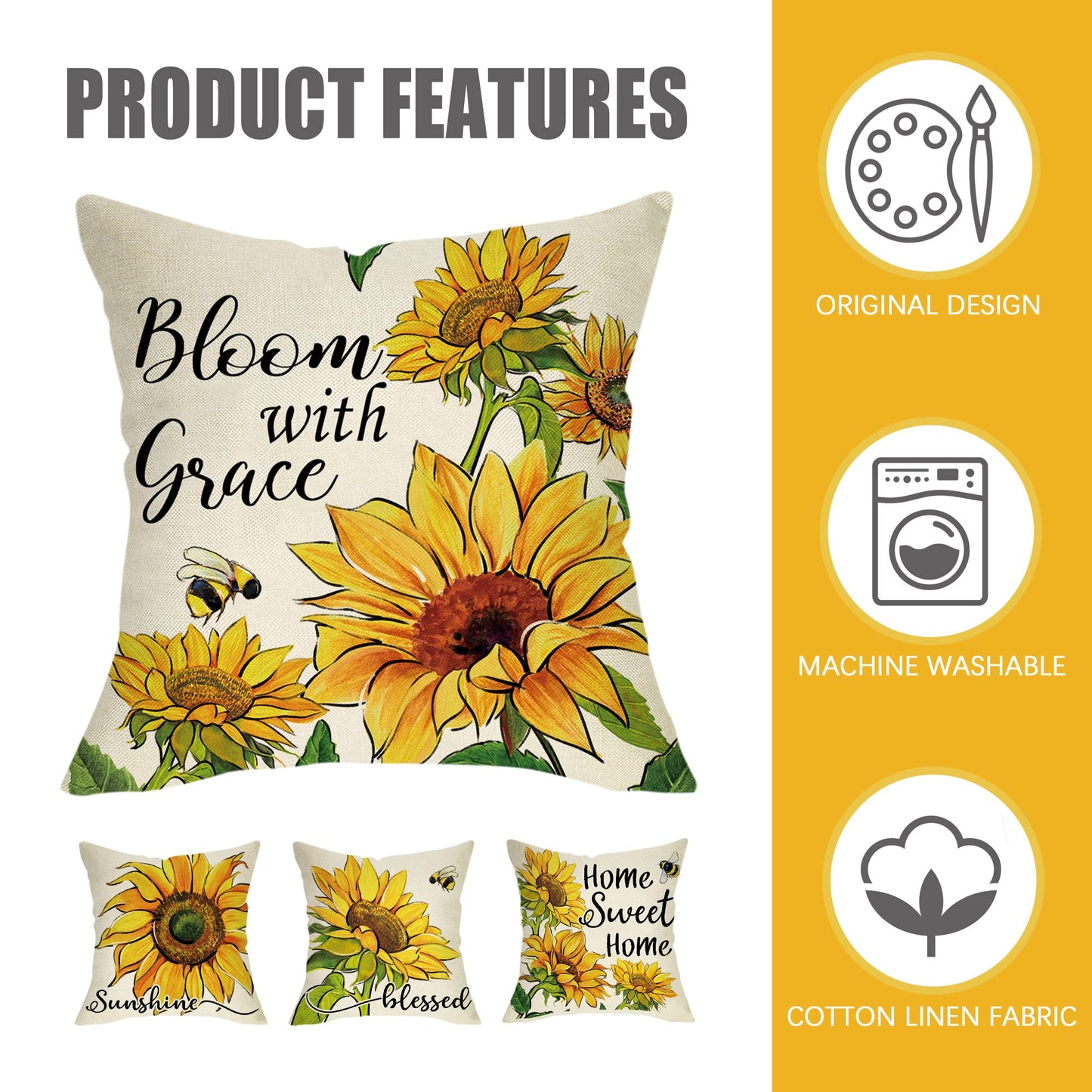 Fahrendom Sunflower Sunshine Decorative Throw Pillow Cover 18 x 18 Set of 4, Spring Summer Home Sweet Home Blessed Porch Patio Outdoor Pillowcase, Fall Autumn Flower Farmhouse Couch Cushion Case Decor