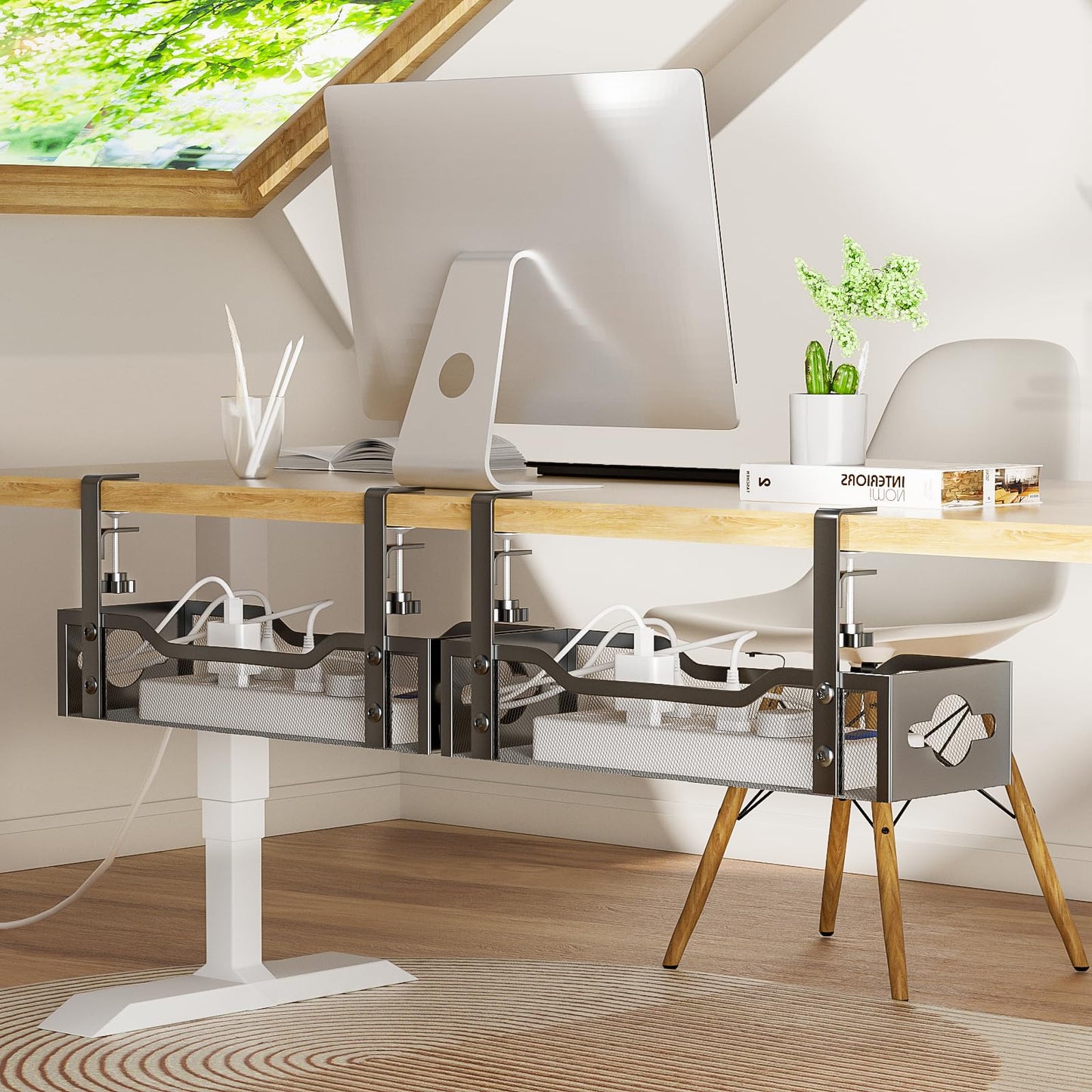 Under Desk Cable Management Tray No Drill, Metal Mesh Cable Management Under Desk with Clamp Mount, 2 Hole Cable Tray with Wire Management and Cord Organizer for Home Office Standing Desk