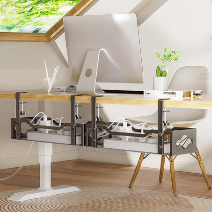 Under Desk Cable Management Tray No Drill, Metal Mesh Cable Management Under Desk with Clamp Mount, 2 Hole Cable Tray with Wire Management and Cord Organizer for Home Office Standing Desk