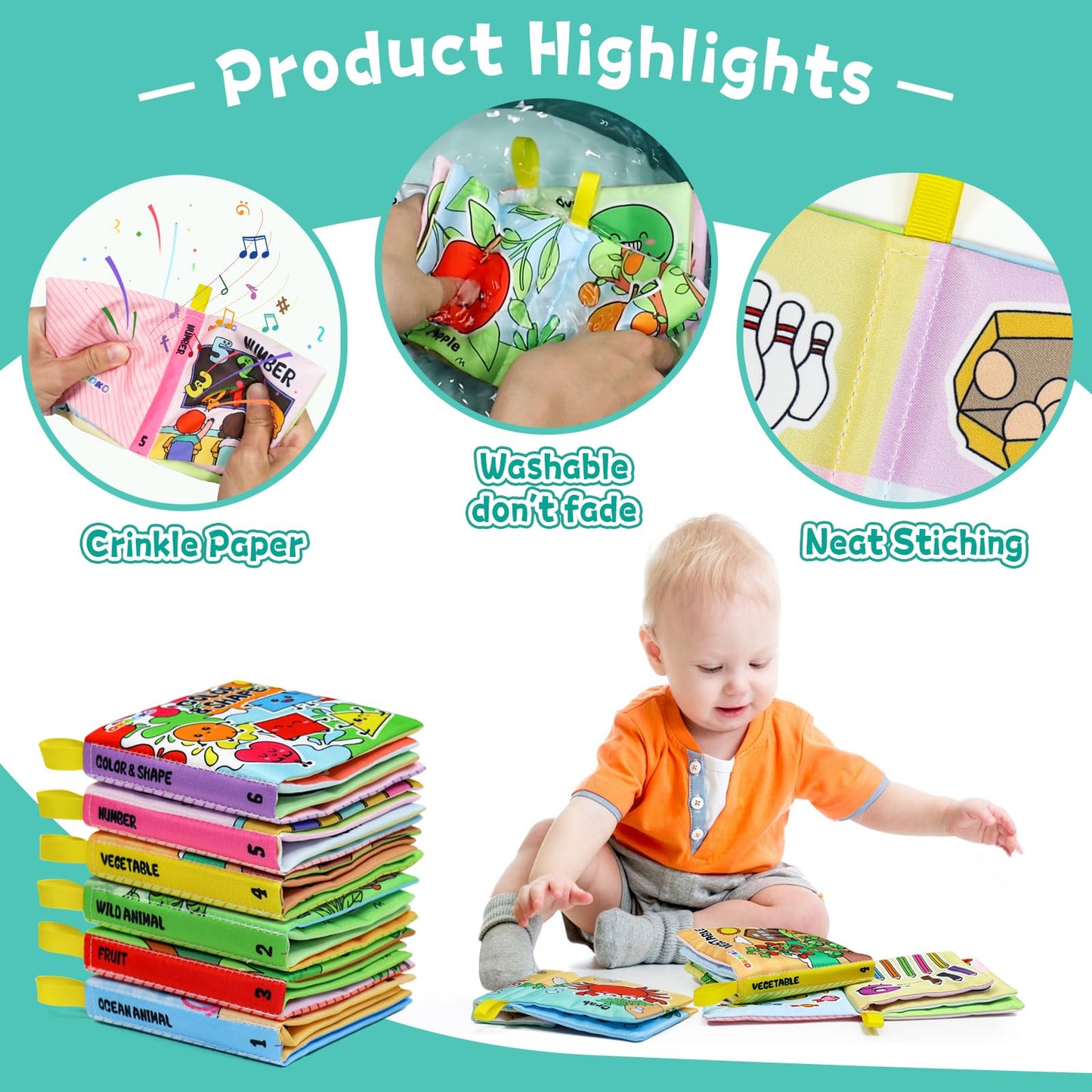 OKOOKO Soft Baby Books 6PCS Soft Cloth Books Bath Books Crinkle Washable Non-Toxic Early Education Preschool Learning Toy for Newborns Babies Infants Toddlers Kids
