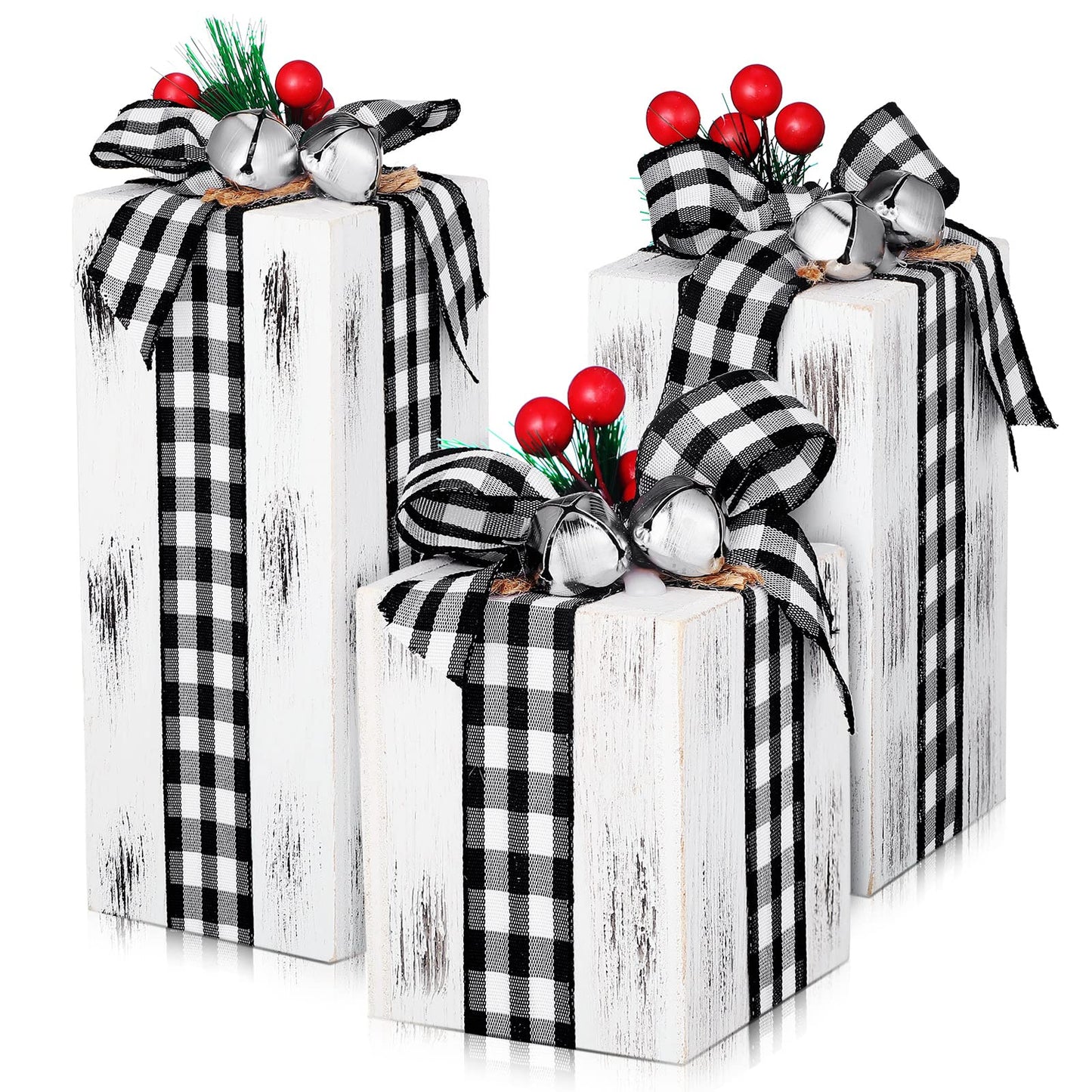 Amyhill 3 Pcs Christmas Wooden Gifts Box Decor Christmas Plaid Presents Table Centerpieces Rustic Wooden Gifts Tiered Tray Decor with Buffalo Plaid Bowknot for Xmas Party(White,Classic)